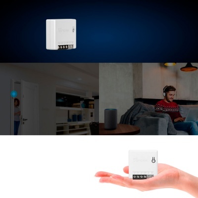 Módulo elétrico branco com quatro terminais exibido em diferentes ambientes e na mão de uma pessoa