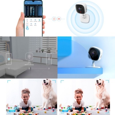 Câmara de segurança branca e preta, smartphone com app, imagem comparativa de 1080p e 2MP com cão e criança.