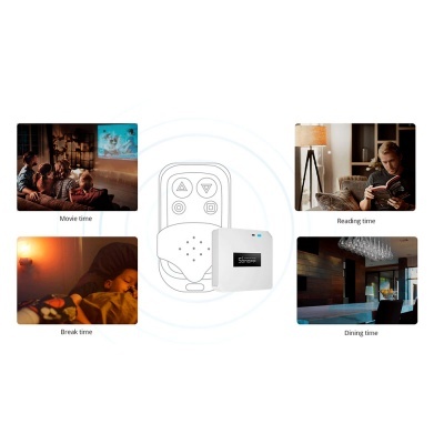 Dispositivo eletrônico branco com botões e cubo Smart Sensor, imagens temáticas ao redor.