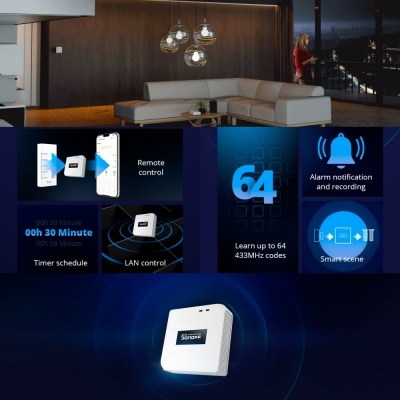 Dispositivo Smart Home Siren branco com gráficos de funcionalidades digitais em fundo de sala moderna.
