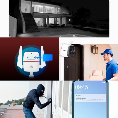 Montagem de imagens sobre segurança doméstica com câmara Tapo, entregador, ladrão e notificação móvel