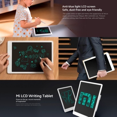 Tablet de escrita LCD Mi preto com desenhos a verde e caneta branca, usado por criança e adulto