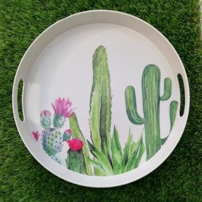Bandeja redonda branca com estampa de cactos coloridos em fundo verde