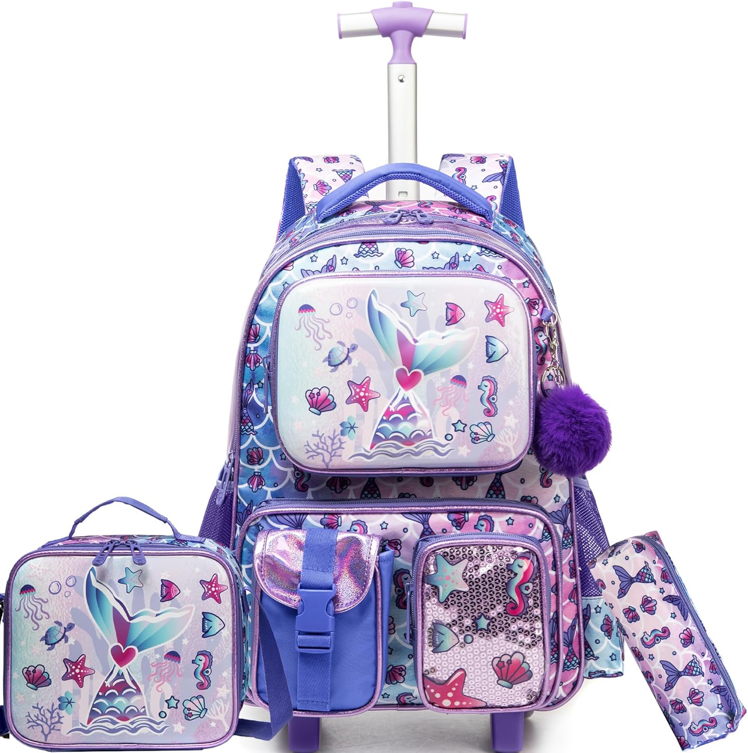 Kit Escolar Sereia Roxa - Fundo do Mar: Mochila com Trolley + Lancheira + Porta Lápis: tamanho grande Kit Escolar Sereia Roxa - Fundo do Mar: Mochila com Trolley + Lancheira + Porta Lápis: tamanho grande