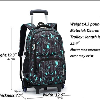 Mochila de rodinhas preta com padrão azul, alça de trolley extensível