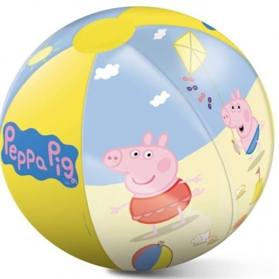 Bola insuflável amarela e azul com imagens da Peppa Pig e elementos de praia