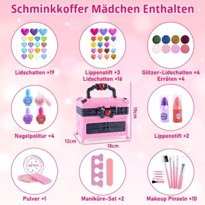 Conjunto de maquilhagem para meninas com estojo cor-de-rosa e vários acessórios de maquilhagem coloridos