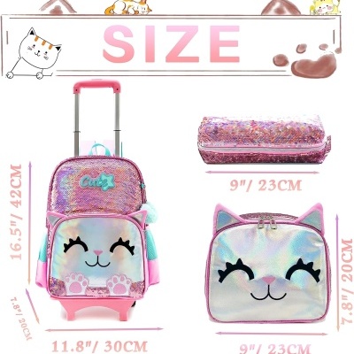 Mochila trolley e estojo com rosto de gato em material brilhante rosa e azul com orelhas 3D.