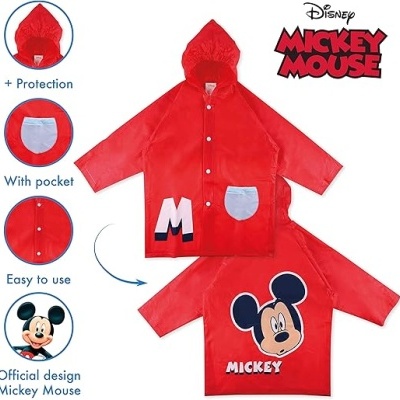 Impermeável vermelho com capuz e bolso cinzento, estampado Mickey Mouse