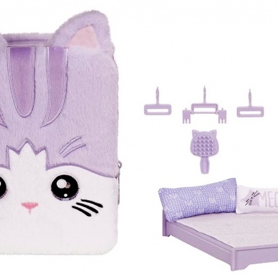 Conjunto de cama infantil lilás e branco com roupa de cama em forma de gato peludo