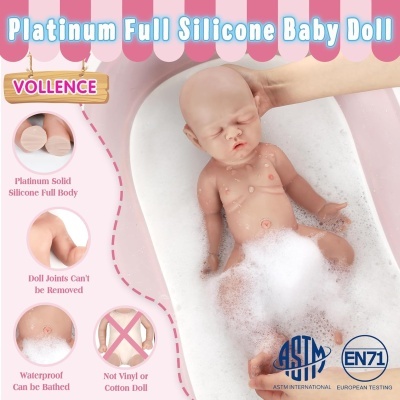 Boneca de bebé silicone sólido banheira espuma texto explicativo