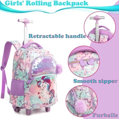 Mochila de rodas para meninas com padrão de unicórnio colorido