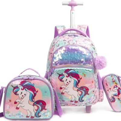 Kit Escolar Unicórnio tranças: Mochila com Trolley + Lancheira + Porta Lápis: tamanho grande
