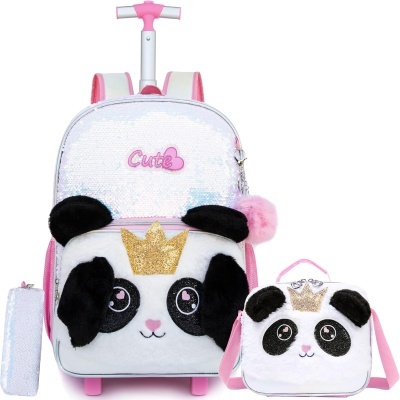 Kit Escolar Panda Lanejoulas Mochila com Trolley + Lancheira + Porta Lápis: tamanho grande