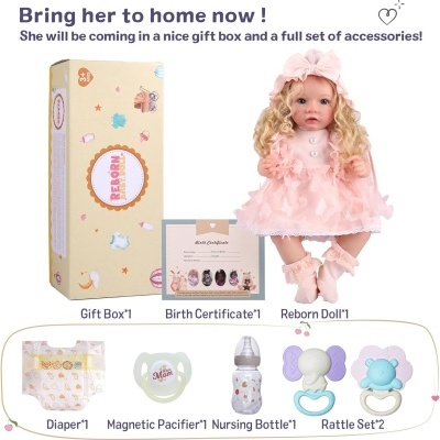 Boneca Bebé Reborn Cachinhos Dourados, 50cm em Silicone Vinílico, detalhes realistas, com acessórios