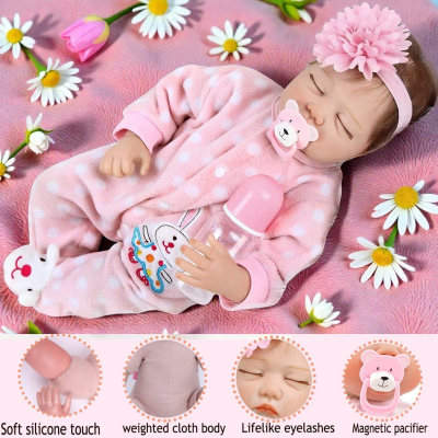 Boneca bebé realista com pijama rosa e chupeta magnética de urso cor de rosa