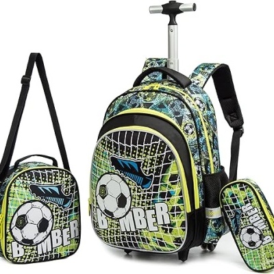 Conjunto Trolley Escolar Futebol 3 peças: Mochila + Lancheira + Porta Lápis: tamanho grande, rodas reforçadas