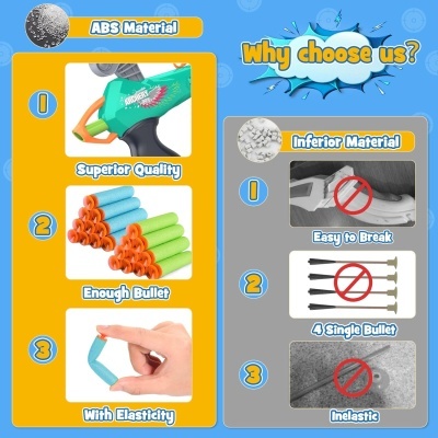 Comparação entre material ABS e material inferior com pistola de brinquedo e balas de espuma coloridas