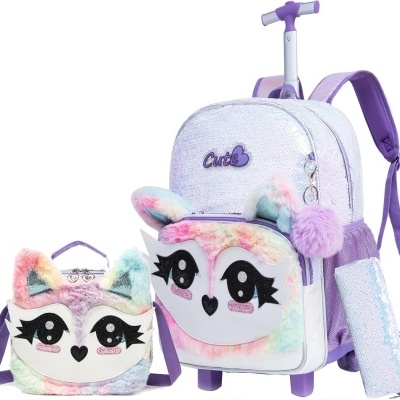 Kit Escolar Raposinha com Lantejoulas: Mochila com Trolley + Lancheira + Porta Lápis: tamanho grande
