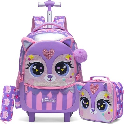 Kit Escolar Raposa Lilás Mochila com Trolley + Lancheira + Porta Lápis: tamanho grande