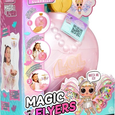 Caixa do brinquedo LOL Surprise Magic Flyers cor-de-rosa com figura de boneca com asas coloridas.