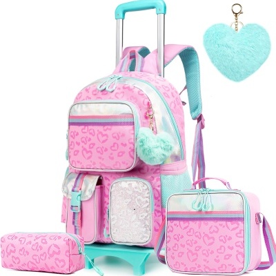 Kit Escolar Corações Rosas: Mochila com Trolley removível + Lancheira + Porta Lápis: tamanho grande