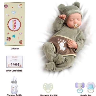 Boneca Bebé Reborn menino 44cm corpo inteiro banhável em Vinil Silicone, olhos fechados, com acessórios