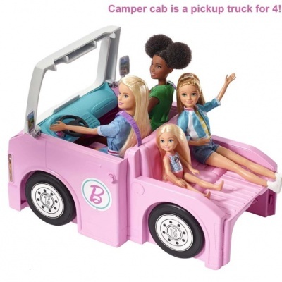 Barbie 3 em 1, Caravana para acampar com piscina, camioneta, barco e 50 acessórios