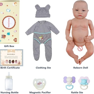 Boneca Bebé Reborn menino 46cm corpo inteiro em Silicone Vinílico, olhos abertos, com acessórios