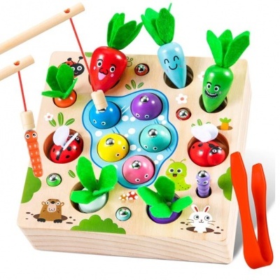 Jogo de pesca magnético 4 em 1, brinquedo educativo Montessori em madeira, 22 peças