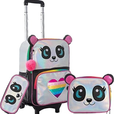 Kit Escolar Panda Arco-íris, Mochila Panda com Trolley removível + Lancheira + Porta Lápis: tamanho grande