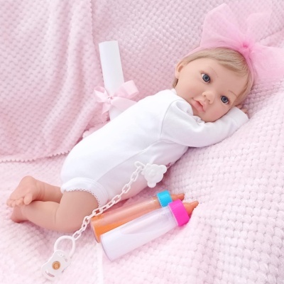 Bebé Reborn Boneca Marta 50cm, 2kg, cabelos claros, em Vinil com acessórios, feito a mão, recém nascido, olhos abertos