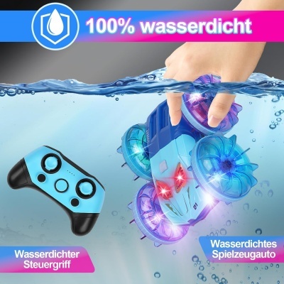 Carro Telecomandado Anfíbio, rotação 360º, 7 mudanças cor luzes LED, anda na agua, baterias recarregáveis,