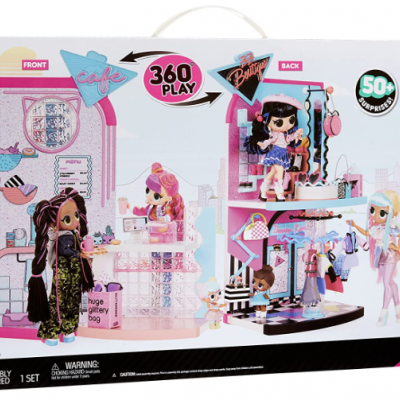 LOL Surprise Mall of Surprises mais de 50 surpresas, Boutiue LOL de 2 pisos e cafetaria, função giratória,