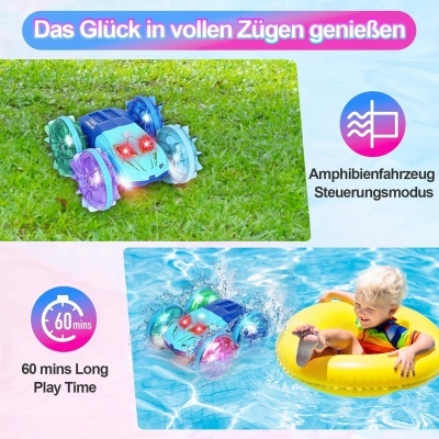 Carro Telecomandado Anfíbio, rotação 360º, 7 mudanças cor luzes LED, anda na agua, baterias recarregáveis,