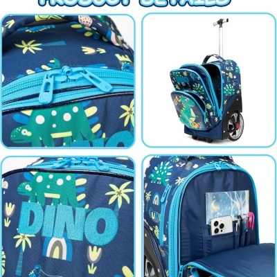 Conjunto Trolley Escolar Dinossauro 3 peças: Mochila + Lancheira + Porta Lápis: tamanho grande, rodas reforçadas