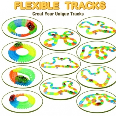 Pista de carros com luz led, 240 peças com 2 carros, brilha no escuro