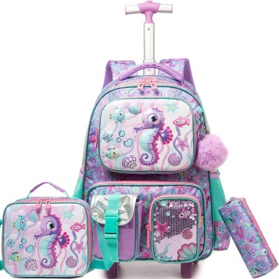 Kit Escolar Cavalo Marinho: Mochila com Trolley + Lancheira + Porta Lápis: tamanho grande