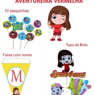 Kit Festa Luccas Neto Faixas com Nome Bandeirola + Topo de bolo + plaquinhas