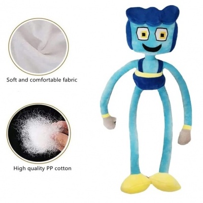 Boneco de pelúcia azul com óculos e texto sobre tecido e algodão