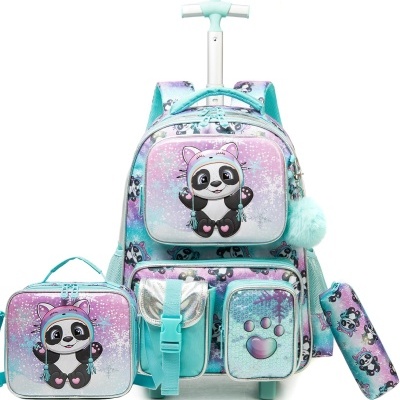 Kit Escolar Panda Verde Mochila com Trolley + Lancheira + Porta Lápis: tamanho grande