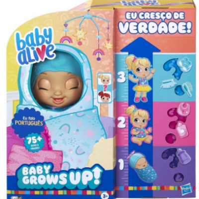 Boneca Baby Alive com capuz azul claro em caixa colorida com textos em português