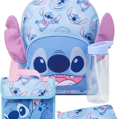 Conjunto Escolar Lilo e Stitch, Mochila + Lancheira + Porta Lápis + garrafa d'água, item oficial Disney