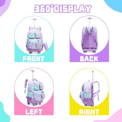 Mochila escolar lilás e azul com rodas e padrão de hexágonos vista de ângulos diferentes