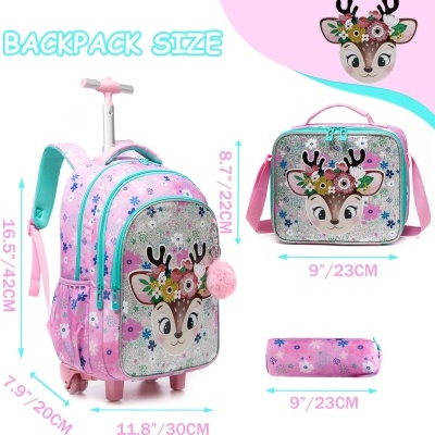 Kit Escolar Cervo Flores: Mochila com Trolley + Lancheira + Porta Lápis: tamanho grande