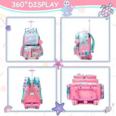 Mochila de rodinhas infantil com padrão marinho e alça extensível