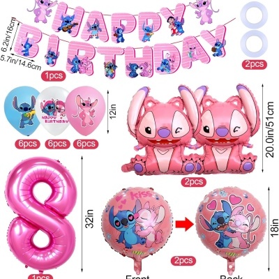 Conjunto de balões de aniversário rosa com personagens Stitch e Angel e faixa 