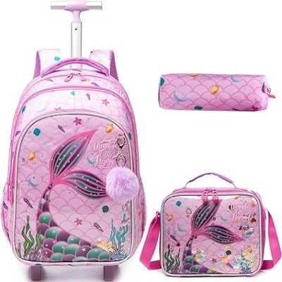 Kit Escolar Sereia Rosa: Mochila com Trolley + Lancheira + Porta Lápis: tamanho grande