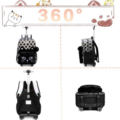 Mochila de rodas com padrão de bolinhas e rosto de gato, mostrada em 360 graus