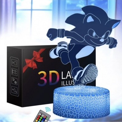 Luminária 3D Sonic azul em suporte texturizado com controlo remoto e caixa preta com texto e laço vermelho